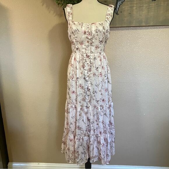 NWOT Lulus Dreamy Weekend Pink Floral Burnout Striped Lurex Midi Dress - Picture 2 of 10